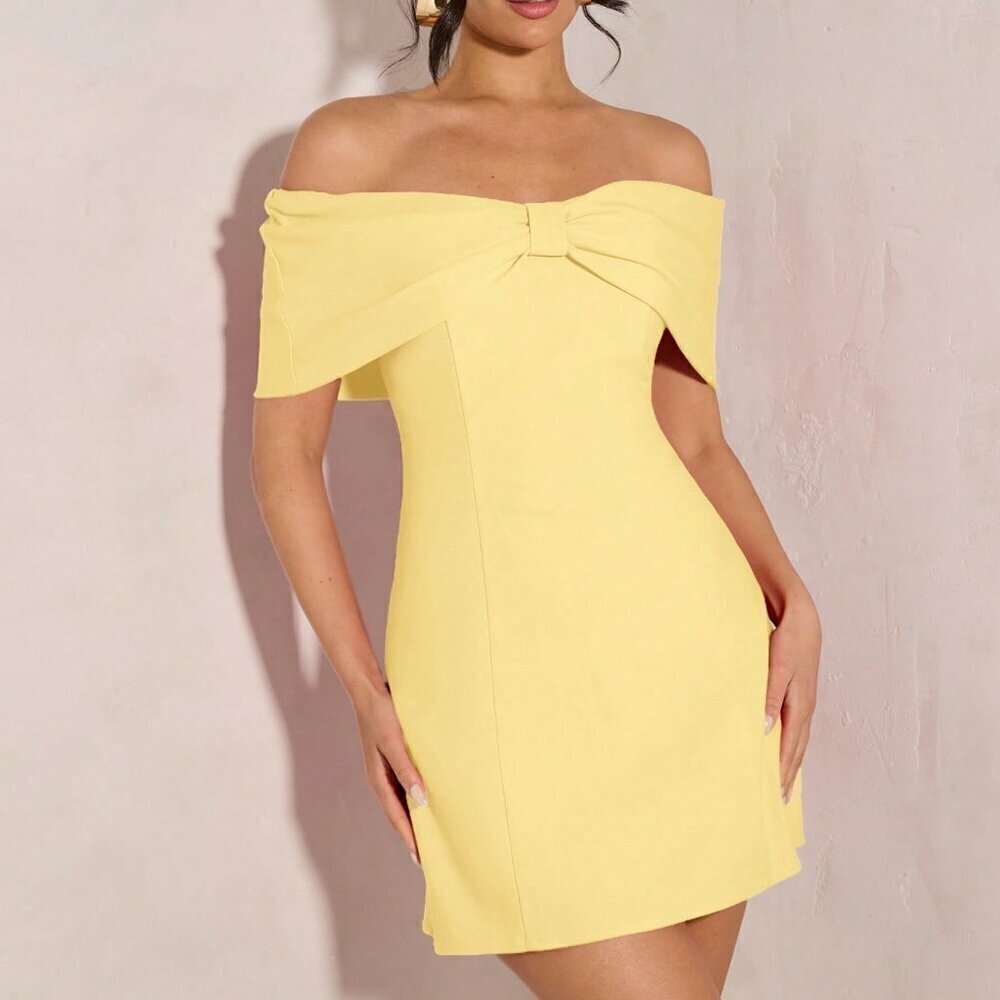 Yellow Elegant Women's Off Shoulder Bowknot Cocktail Mini Dress